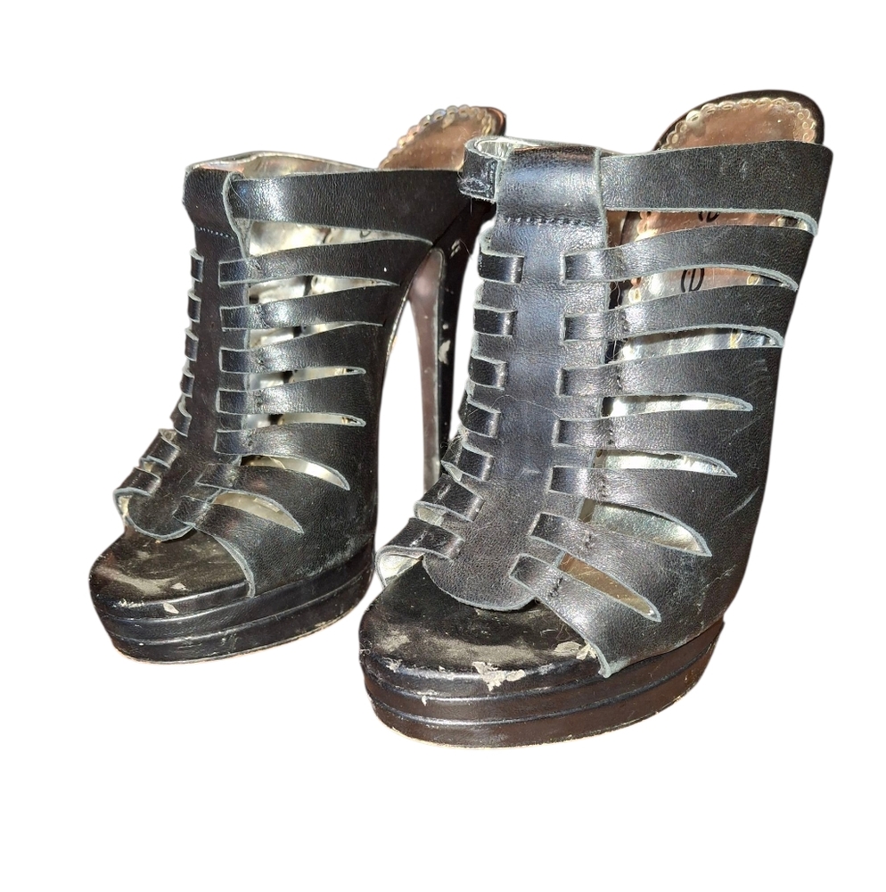 Vintage Bebe Hees Size 5.5 Woman Shoes Open Toe Slipon Black Leather Footwear da